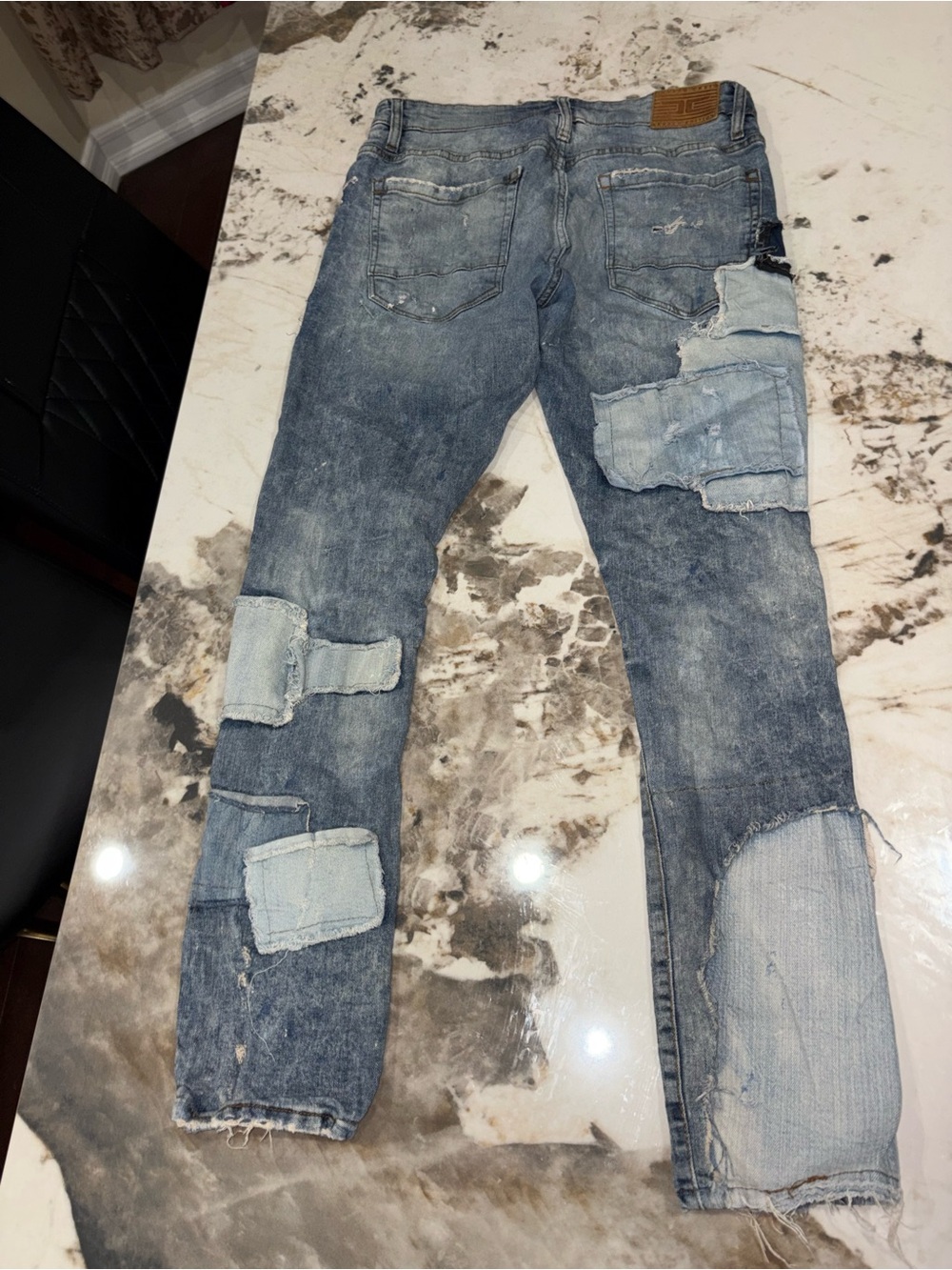 Men's Blue Distressed Patchwork Jeans